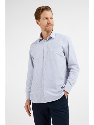 İmza Beyaz - Lacivert Kareli Desen Sert Yaka Uzun Kol Cepli Comfort Fit Pamuklu Gömlek 1004255209