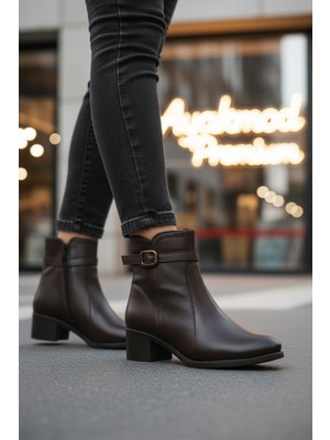 Ayakmod 24113-1 Içi Polarlı Hakiki Deri Kahve Kadın Topuklu Bot
