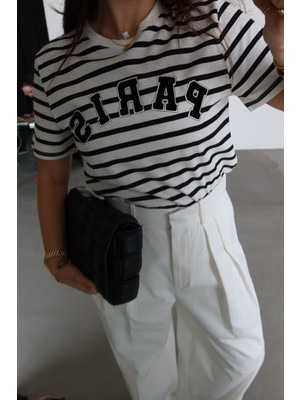 Özge Özgenç Çizgili Paris Baskılı Tshirt