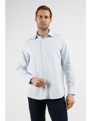 İmza Mavi Çizgili Desen Sert Yaka Uzun Kol Cepli Comfort Fit Pamuklu Gömlek 1004255268