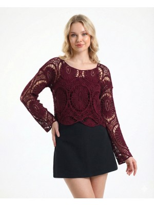 Sibel Günay Butik Kadın Pamuklu Örme Dantel File Bordo Bluz