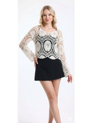 Sibel Günay Butik Kadın Pamuklu Örme Dantel File Beyaz Bluz