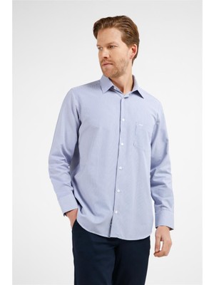 İmza Lacivert - Beyaz Çizgili Desen Sert Yaka Uzun Kol Cepli Comfort Fit Pamuklu Gömlek 1004255280