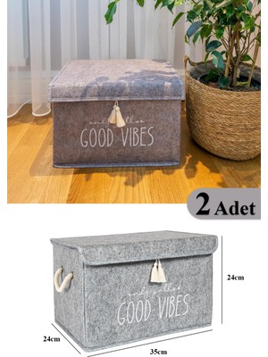 PremiumPort Iki Adet Gri Mini Keçe Kapaklı Çok Amaçlı Kutu 35X24X24 cm