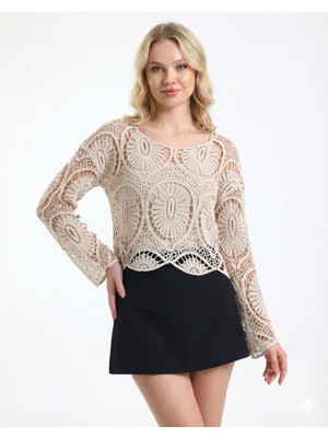 Sibel Günay Butik Kadın Pamuklu Örme Dantel File Taş Bluz