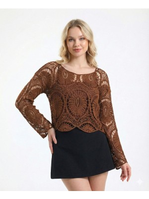Sibel Günay Butik Kadın Pamuklu Örme Dantel File Kahve Bluz