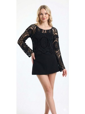 Sibel Günay Butik Kadın Pamuklu Örme Dantel File Siyah Bluz