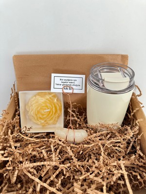 KuNu Box Krem Termos, Sarı Mum ve El Yapımı Doğal Taş Notluk Hediye Seti -  Kutulu