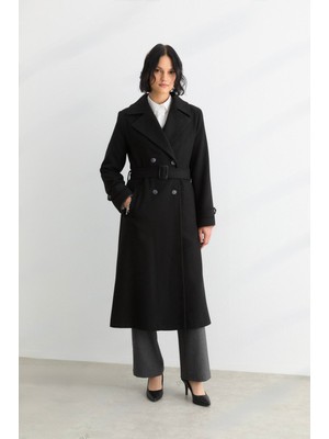 Doque 57021 Önü Düğmeli Beli Kemerli Cep Detaylı Kaşe Kaban #12-25#