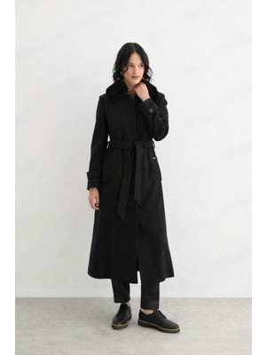 Doque 57023 Yakası Kürklü Önden Gizli Düğmeli Klasik Kaşe Kaban #12-25#