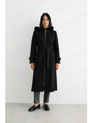 Doque ANA-57035 Önden Fermuarlı Kapişonu Kürk Detaylı Kaşe Kaban #12-25#