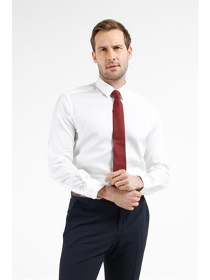 İmza Beyaz Uzun Kol Sert Yaka Kendinden Desenli %100 Pamuk Slim Fit Gömlek 1004255201