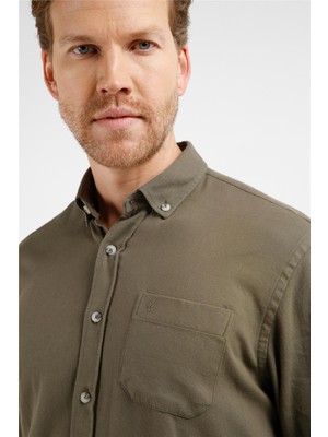 İmza Haki Düğmeli Yaka Uzun Kol Cepli Slim Fit %100 Pamuk Gömlek 1004255213