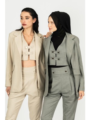 By Özlem Yazan Suit Dokuma Astarlı Düğmeli Crop Yelek