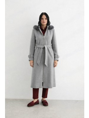 Doque ANA-57035 Önden Fermuarlı Kapişonu Kürk Detaylı Kaşe Kaban #12-25#