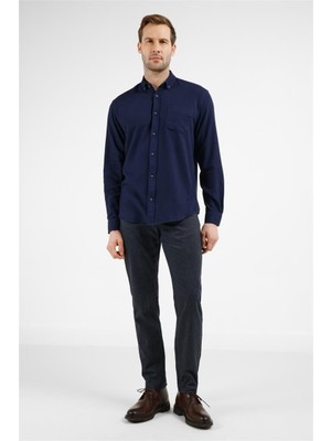 İmza Lacivert Düğmeli Yaka Uzun Kol Cepli Slim Fit %100 Pamuk Gömlek 1004255213