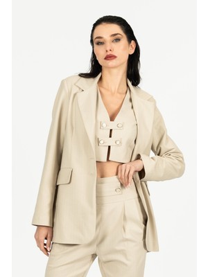 By Özlem Yazan Suit Dokuma Astarlı Düğmeli Crop Yelek