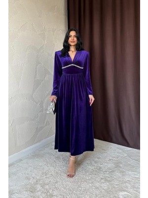 Etiler Collection Mor Göğüs Altı Taşlı Elbise