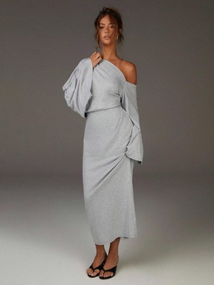 Afri Kadın Gri Tek Omuz Detaylı Yarasa Kol Maxi Elbise - 2 Iplik Örme