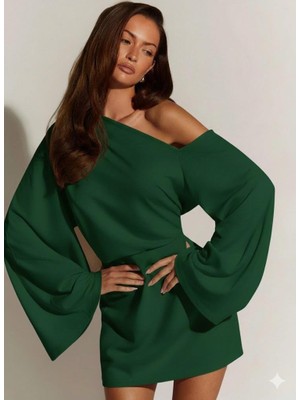 Afri Kadın Yeşil Tek Omuz Düşük Kol Mini Elbise - Yarasa Kol Şık 2 Iplik Elbisesi