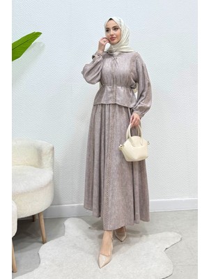 Tesettür Diyarı Natia Dantelli Keten Kumaş Astarlı Tesettür Takım- Vizon
