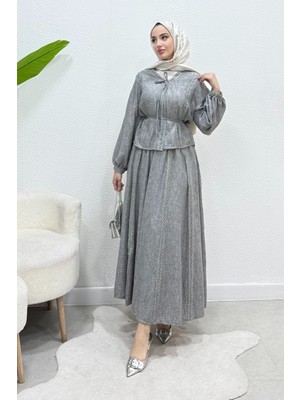 Tesettür Diyarı Natia Dantelli Keten Kumaş Astarlı Tesettür Takım- Koyu Gri