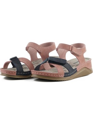 Dr. Klompa Kadın Sandalet - Pudra-Lacivert - Konfor Destekli Yapı Şık Tasarım Yumuşak Taban