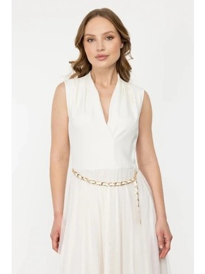 Ekol Kadın V Yaka Zincir Kemerli Elbise 4084