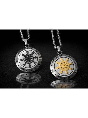 Altın & Siyah Renk Seçenekli Paslanmaz Çelik | Denizci Tarzı |pusula Dümen Figürlü Erkek Kolye