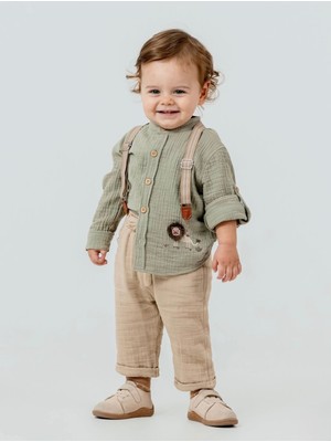 Butik Erkek Bebek - Çocuk %100 Pamuklu Müslin Gömlek Salopet Pantolon Askılı Takım 3 Parça