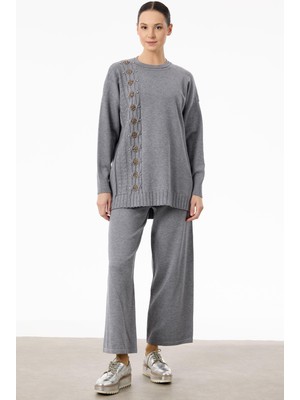 Tığ TKM.21752.1SAÇ Örgüsü Üzerine Taş Baskılı Pantolonlu Triko Takım #11-25#