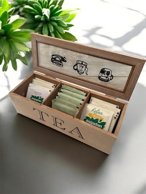 PremiumPort Bambu Ahşap 3 Bölmeli Kapaklı Çay Saklama Kutusu, Şık ve Fonksiyonel