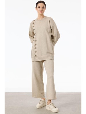 Tığ TKM.21752.1SAÇ Örgüsü Üzerine Taş Baskılı Pantolonlu Triko Takım #11-25#