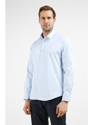 İmza Mavi Kendinden Desenli Sert Yaka Uzun Kol Cepsiz Slim Fit Pamuklu Gömlek 1004255229