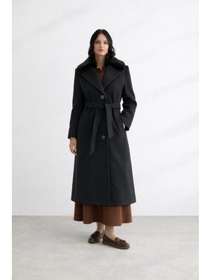 Doque 57037 Önden Düğmeli Kravuze Yaka Yakası Tüylü Beli Kuşaklı Düğmeli Kaban #12-25#