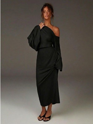 Afri Kadın Siyah Tek Omuz Detaylı Yarasa Kol Maxi Elbise - 2 Iplik Örme