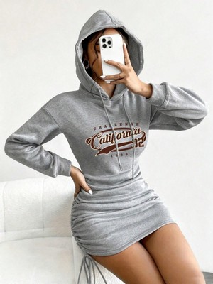 Afri California Baskılı Gri Yan Büzgülü Kapüşonlu Mini Sweatshirt Elbise