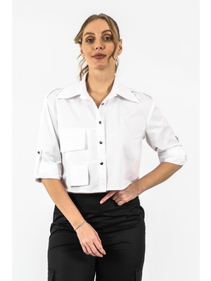 By Özlem Yazan Ön Pilise Detaylı Cepli Crop Kadın Gömlek