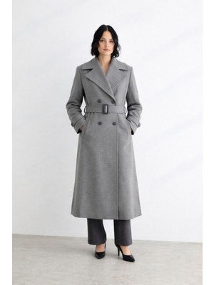 Doque 57021 Önü Düğmeli Beli Kemerli Cep Detaylı Kaşe Kaban #12-25#