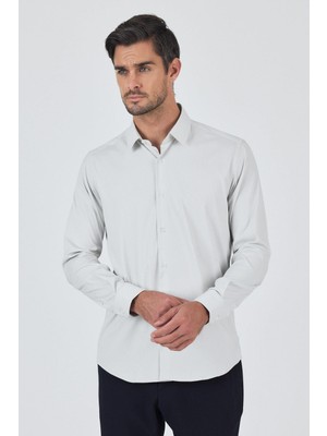 İmza Beyaz Sert Yaka Cepsiz Gabardin Uzun Kol Slim Fit Esnek Gömlek 1004250229