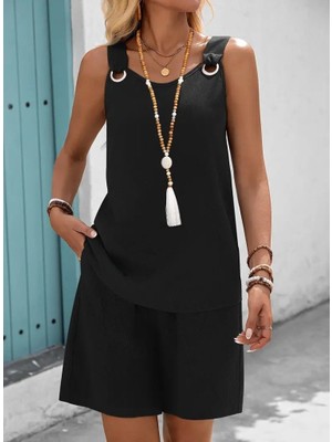 Etiler Collection Kadın Askılı Yuvarlak Yaka Kuş Gözü Detaylı Bürümcük Bluz ve Short Ikili Takım