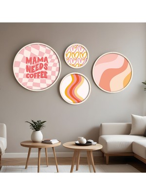 Huhuli Ahsap Cerceveli Modern 4'lu Yuvarlak Tablo Seti HUHU296