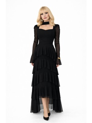 GILLA'S QUEEN Kadın Siyah Kalp Yaka Tül Şal Detaylı Abiye Sevgililer Günü Elbise