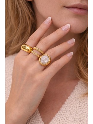 Glossy Jewelery 14K Altın Kaplama 3’lü Inci Detaylı Gold Yüzük Seti