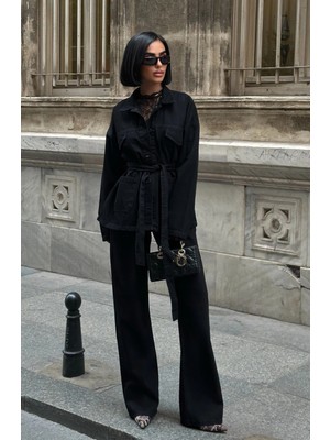 Meecy Siyah Bağlamalı Denim Takım Oversize Ceket ve Yüksek Bel Pantolon