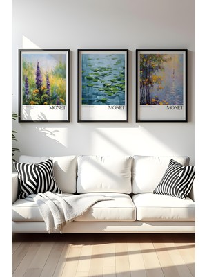 Huhuli Ahsap Siyah Cerceveli Claude Monet Tablo Seti HUHU558