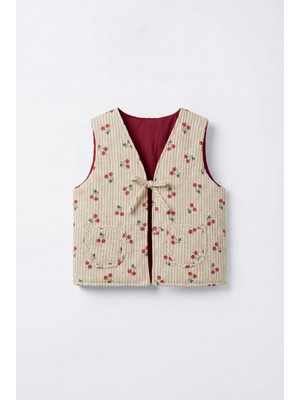 Magu Kız Çocuk Pamuklu Bej Kiraz Desenli Bağlamalı Yelek