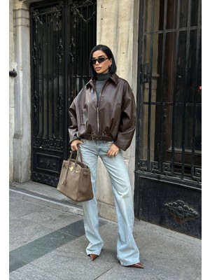 Meecy Yeni Sezon Suni Oversize Bomber Deri Ceket