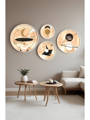 Huhuli Ahsap Cerceveli Modern 4'lu Yuvarlak Tablo Seti HUHU420
