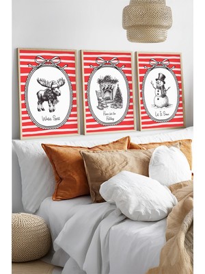 Huhuli Yilbasi Temali 3'lu Ahsap Cerceve Tablo Seti HUHU549